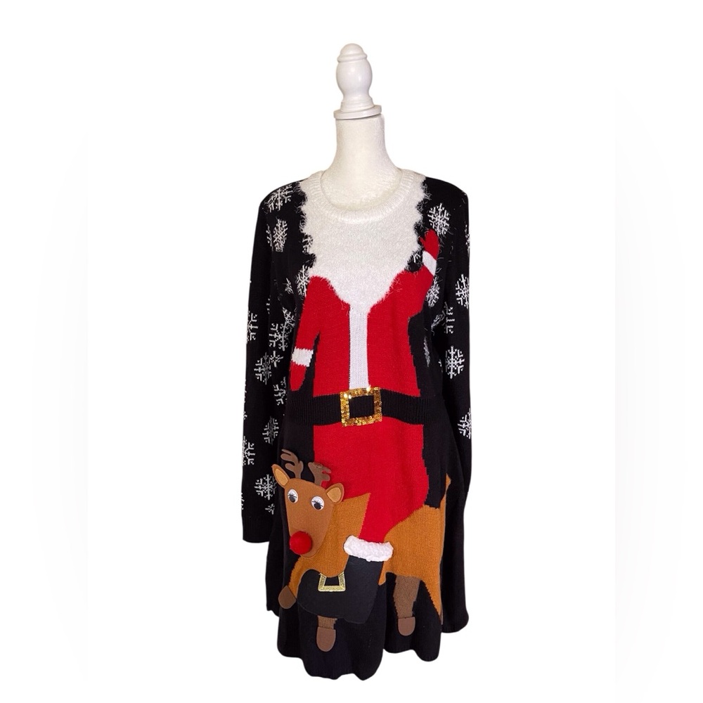 Black Santa & Reindeer Knit Mini Dress - Holiday Sweater Dress - Picture 2 of 9